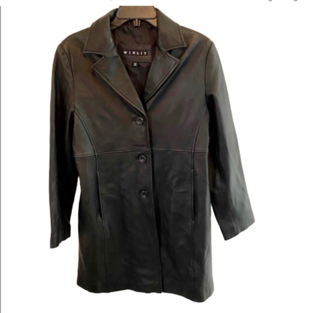 Winlit Women's Lined Black Button Up Leather Coat Size Small